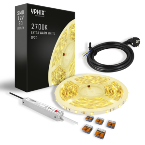 Komplettes LED-Streifen Set 5 m – Extra Warmweiß 2700K – 150 SMD – inkl. 12V - 24W Transformator