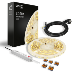 Komplettes LED-Streifen Set 5 m – Warmweiß 3000K – 150 SMD – inkl. 12V - 24W Transformator