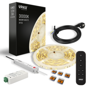 Komplettes dimmbares LED-Streifen-Set 5 m – 3000K – 150 SMD LEDs – inkl. LED-Dimmer, Fernbedienung und 12V/24W Netzteil