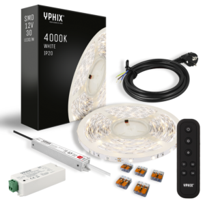 Komplettes dimmbares LED-Streifen-Set 5 m – 4000K – 150 SMD LEDs – inkl. LED-Dimmer, Fernbedienung und 12V/24W Netzteil