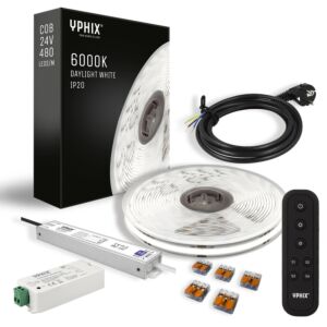 Komplettes dimmbares LED-Streifen Set 5 m – Tageslicht weiß 6000K –  COB 480 led's – inkl. Dimmer und 24V - 100W Netzteil