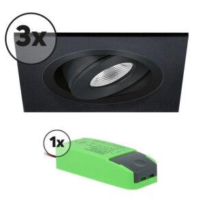 Komplettes Set 3 x LED-Einbaustrahler Alba quadratisch 3W 2700K Schwarz IP65 dimmbar schwenkbar
