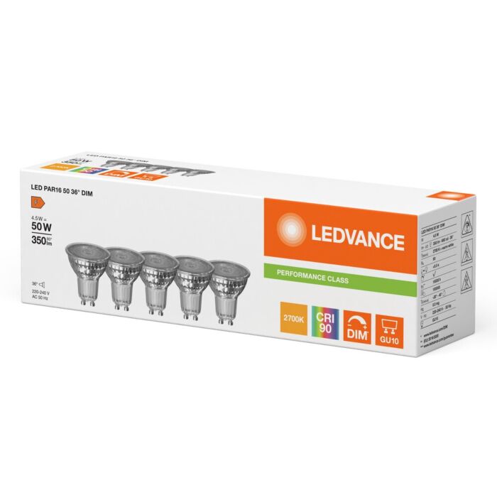 GU10 LED Lampe Performance 5-Pack 36° 4,5W 2700K Dimmbar